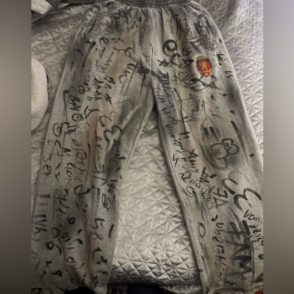 Gray Graffiti Sweatpants with Red Patch